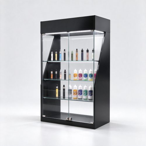 LED lighted black acrylic vape display case left 45 view