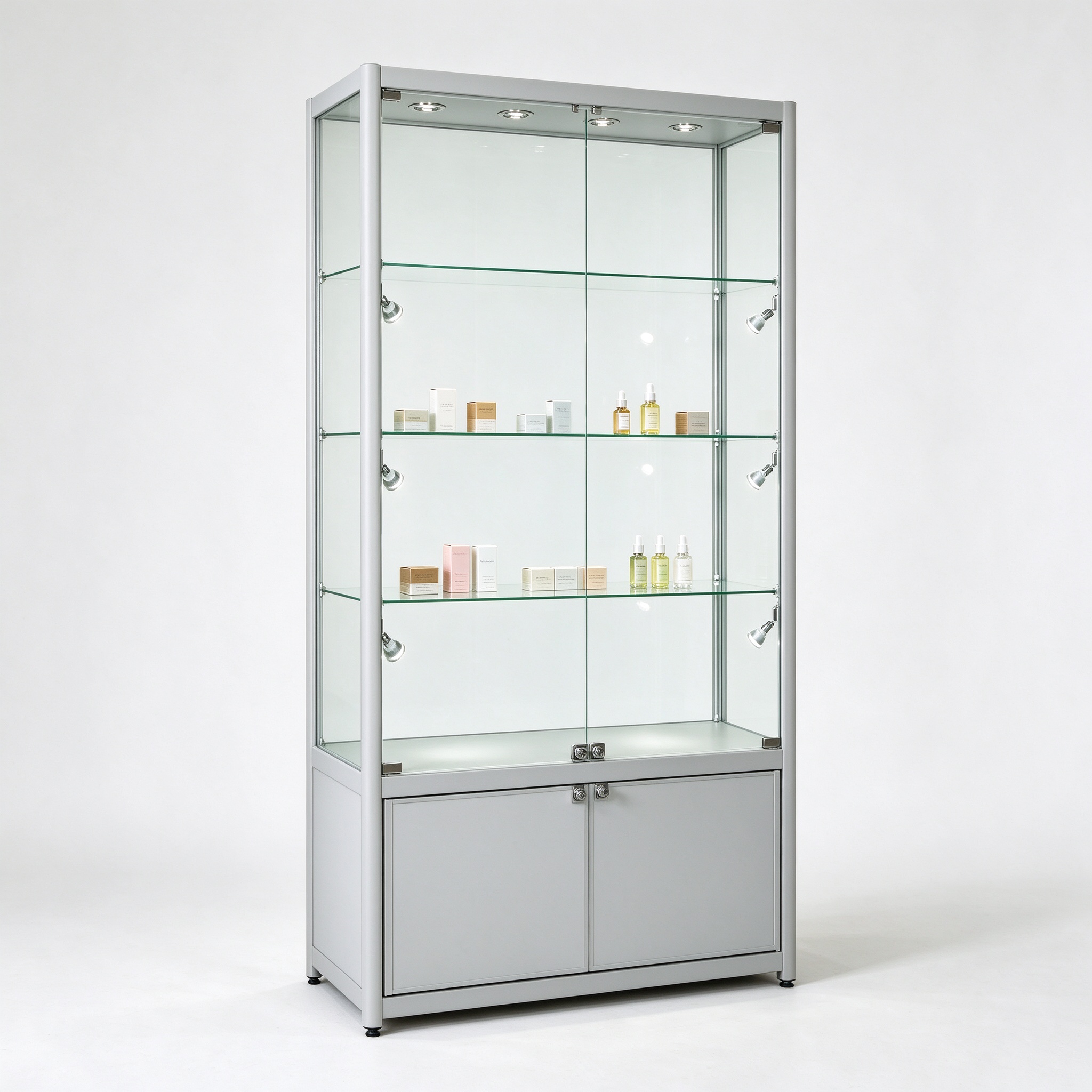 Light gray aluminum frame lockable glass display cabinet left 45 view