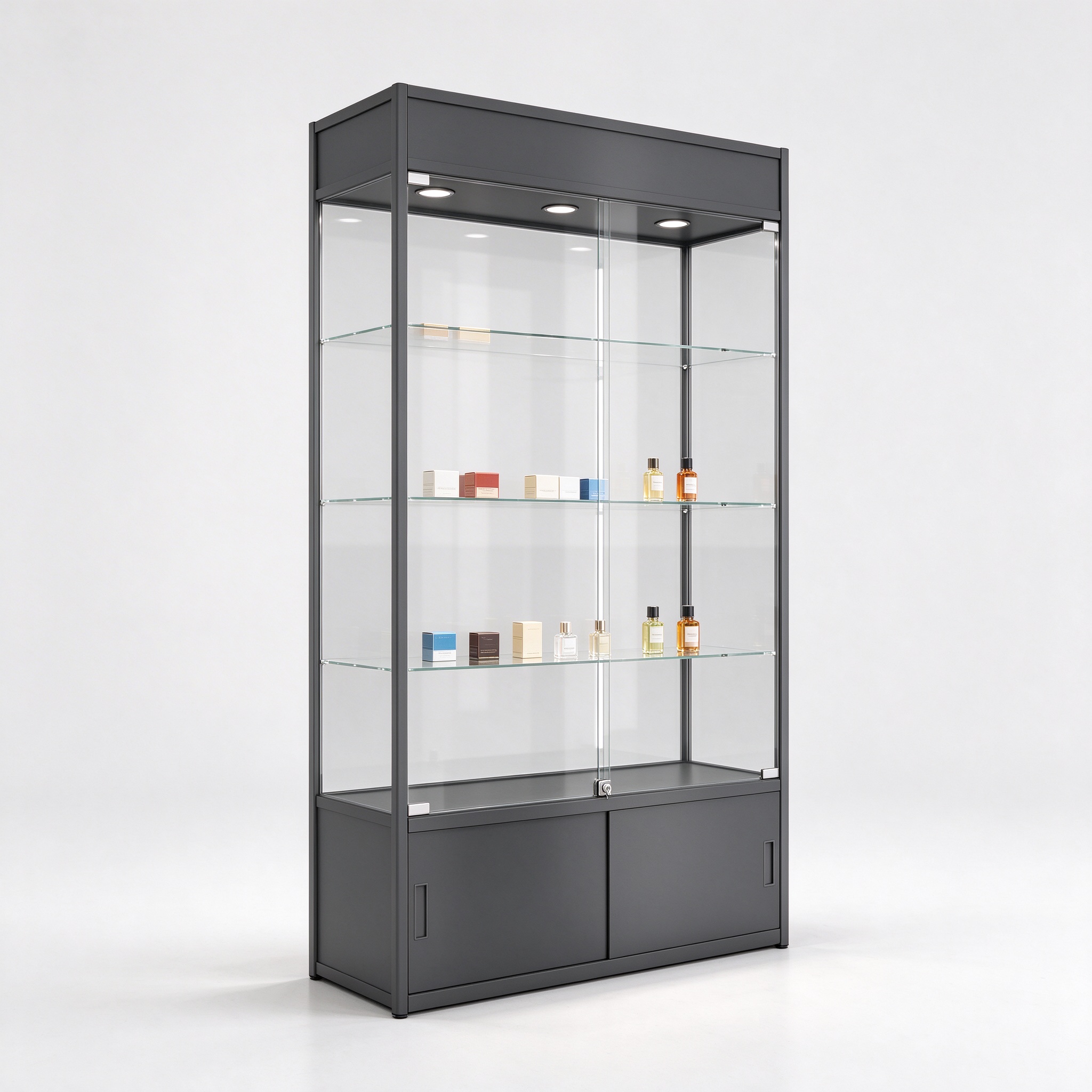 Dark gray floor standing lockable glass display cabinet left 45 view