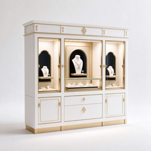 White and gold vintage jewelry display cabinet left 45 view