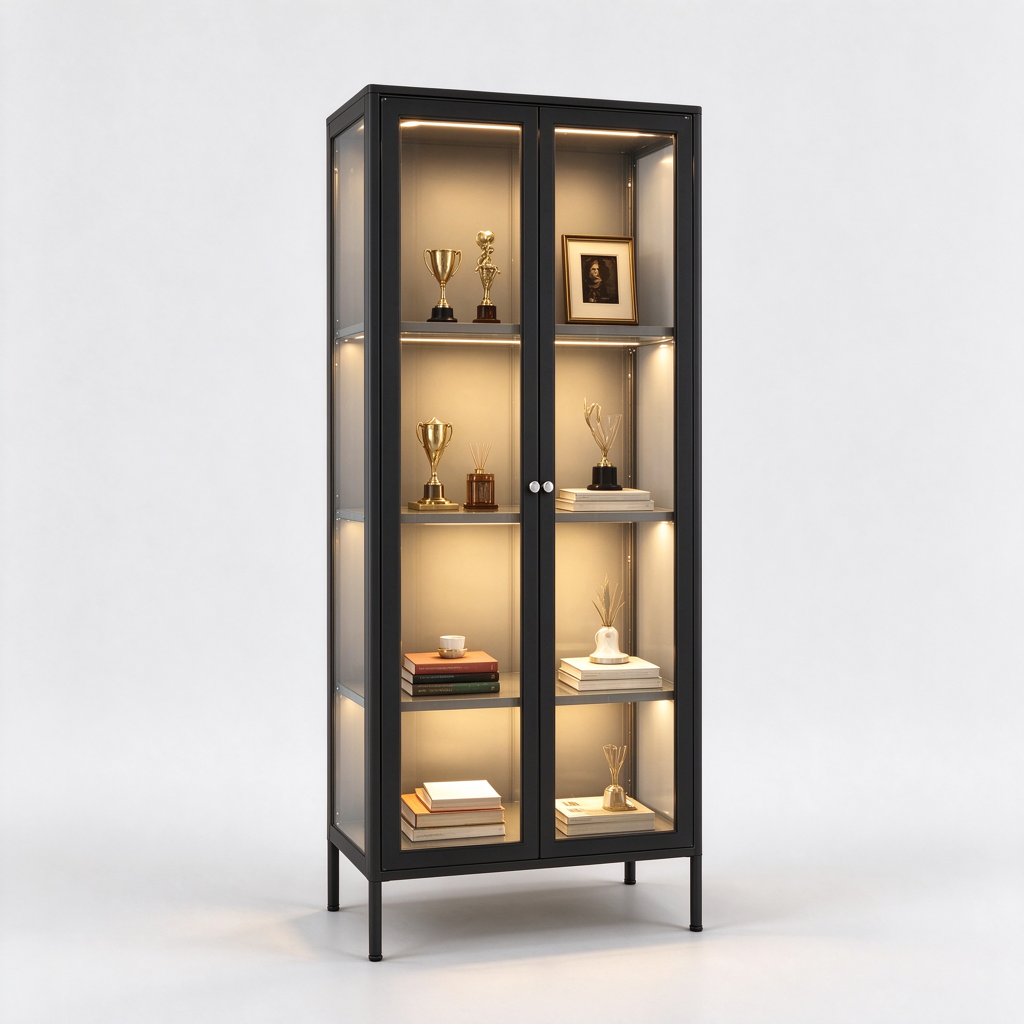 Black frame LED lighted glass display cabinet left 45 view