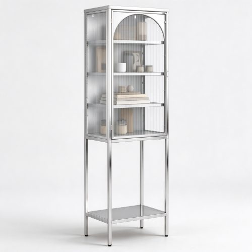 Silver mirror stainless steel fluted glass cabinet left 45 view