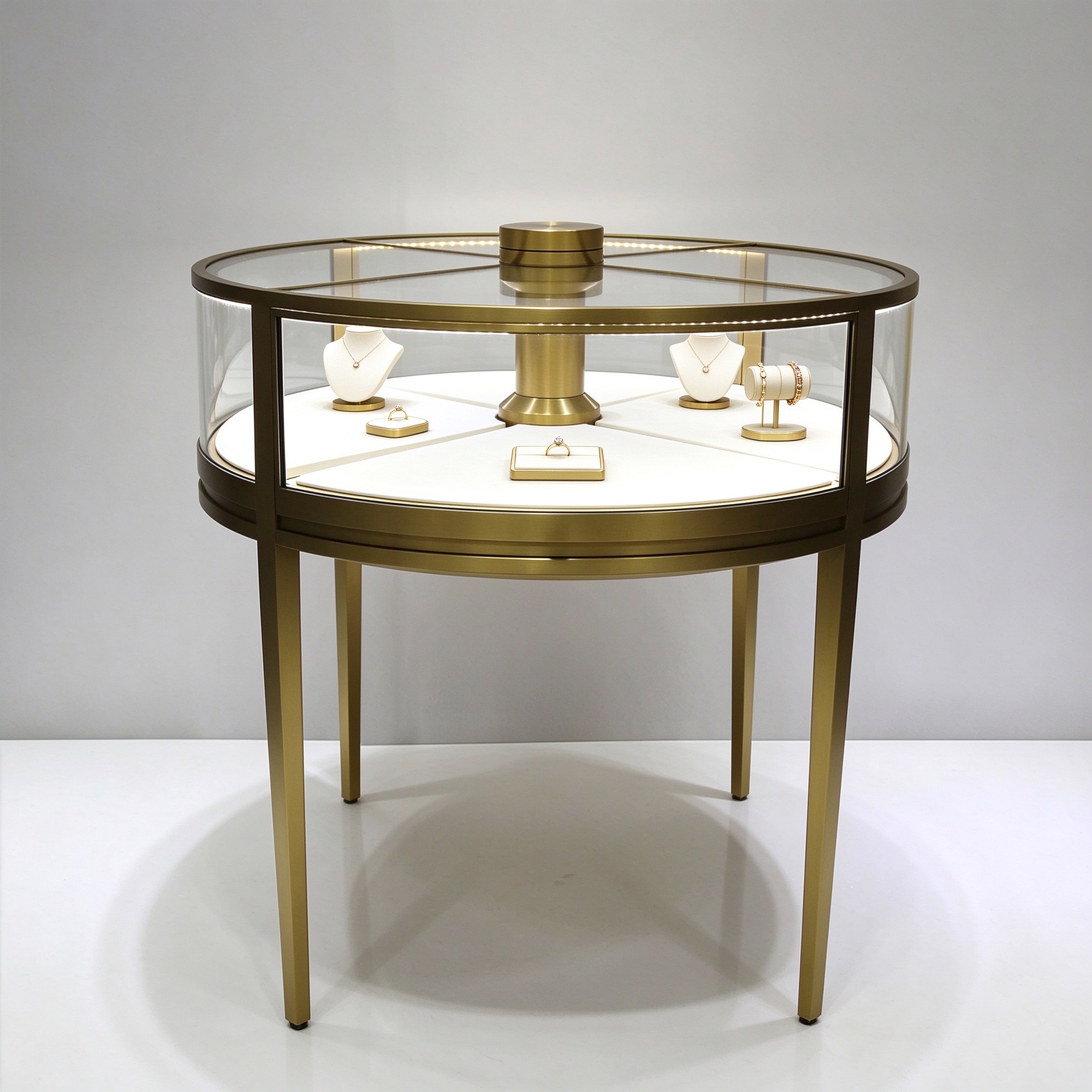 Round gold brass glass jewelry counter left 45 view