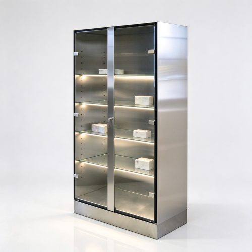 Brushed stainless LED shelf cabinet left 45 view