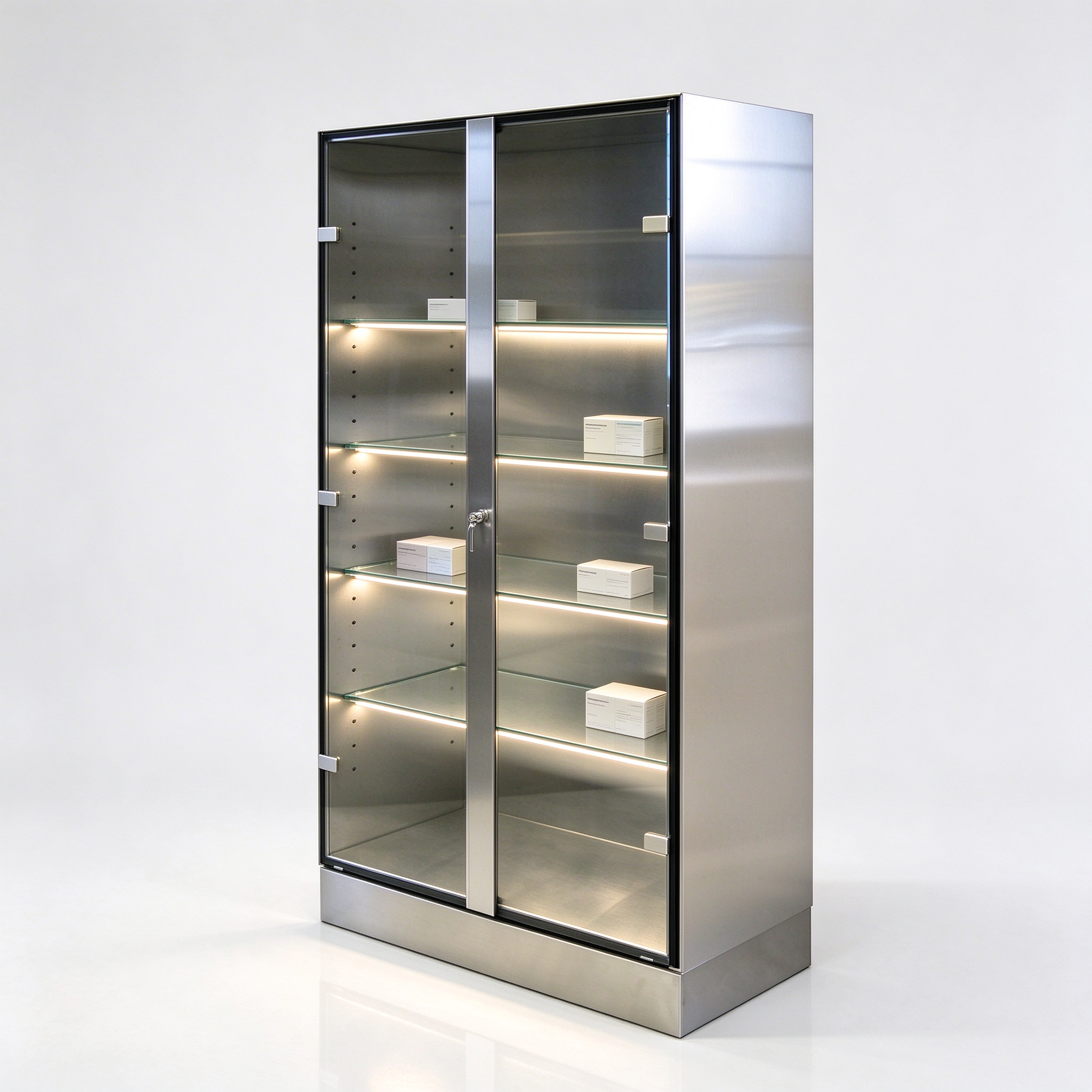 Brushed stainless LED shelf cabinet left 45 view
