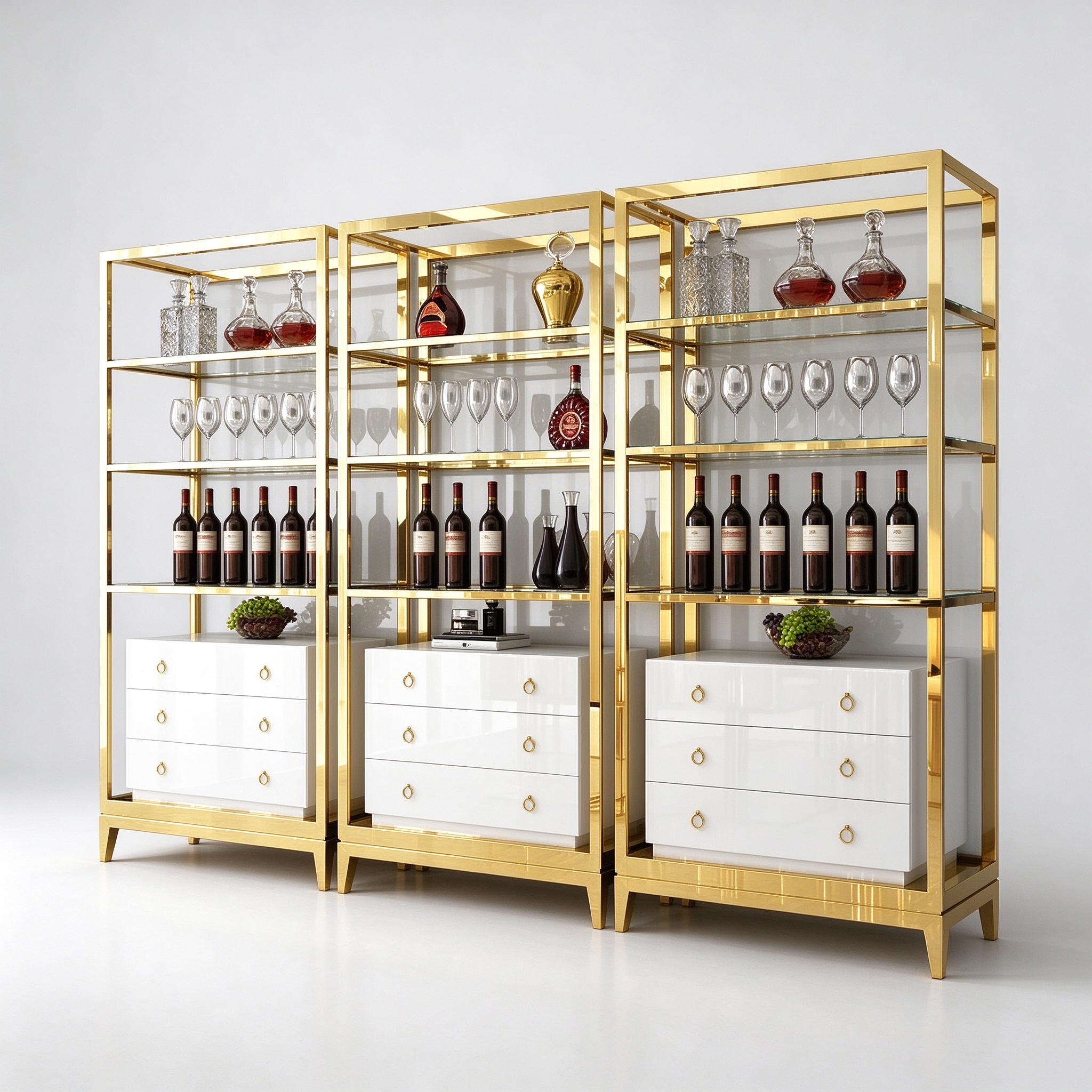 Gold three-section wine rack left 45 view