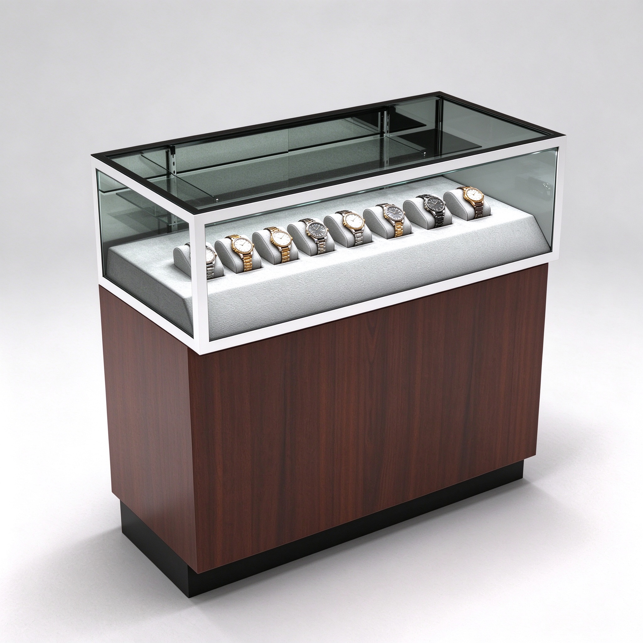 Walnut glass watch counter left 45 view