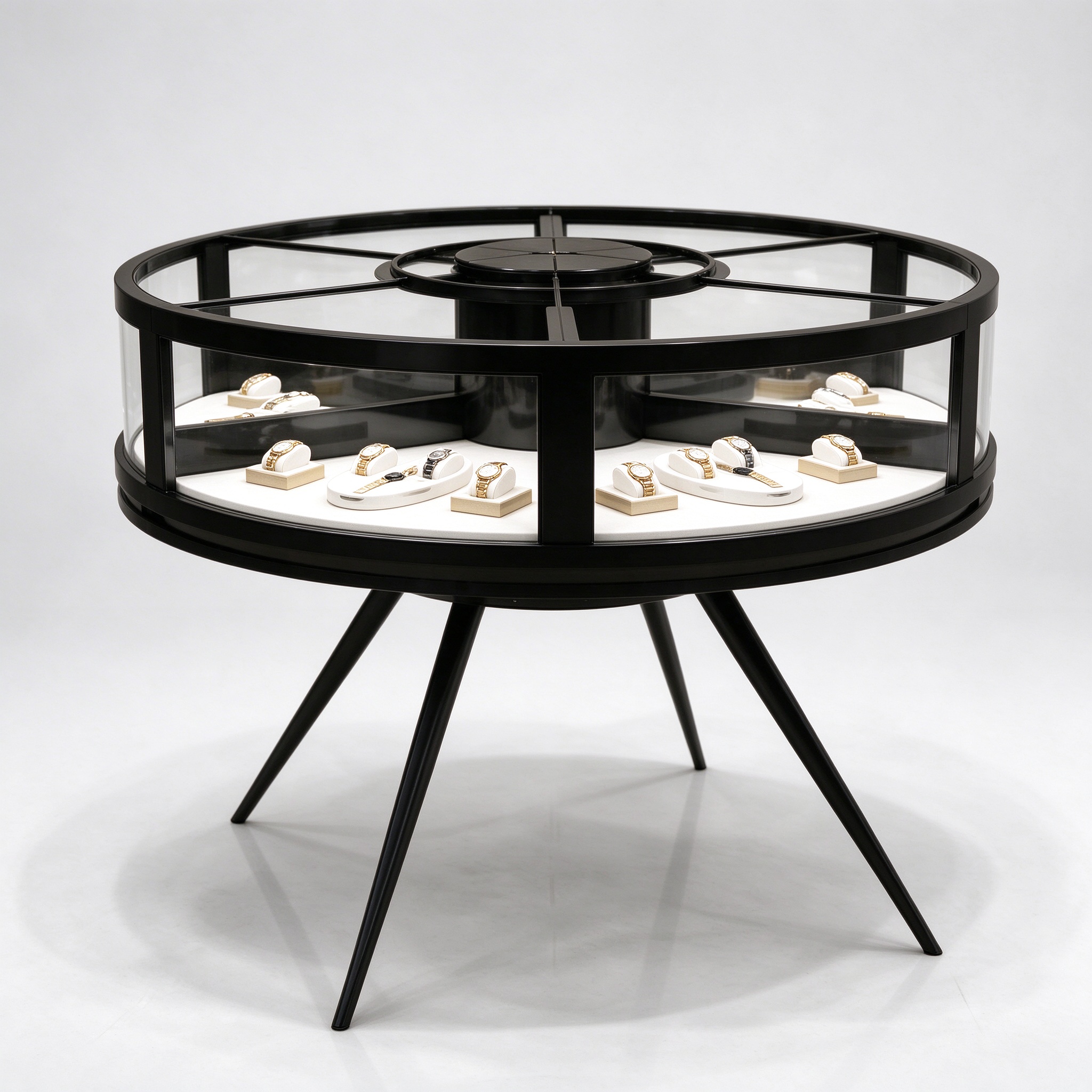 Round black watch table left 45 view