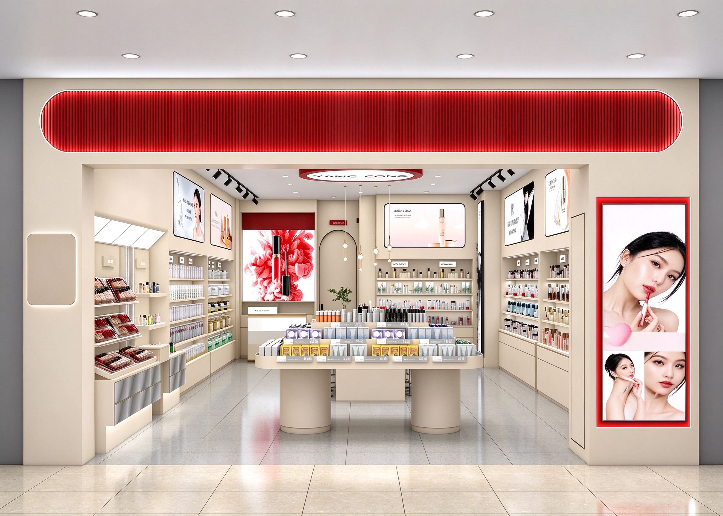 beige red cosmetic store