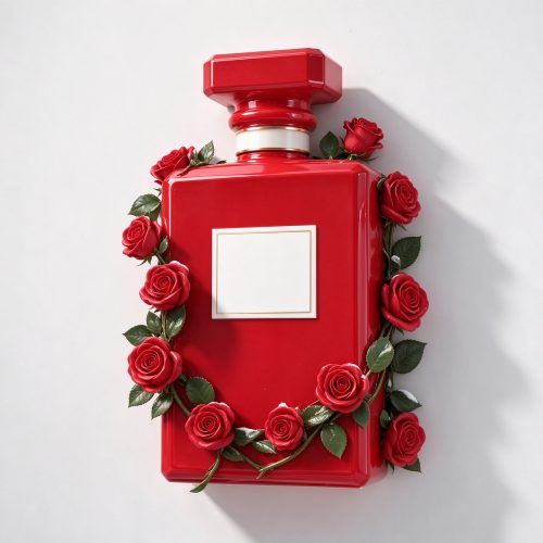 Wall-mounted giant red perfume bottle sculpture with red roses front view