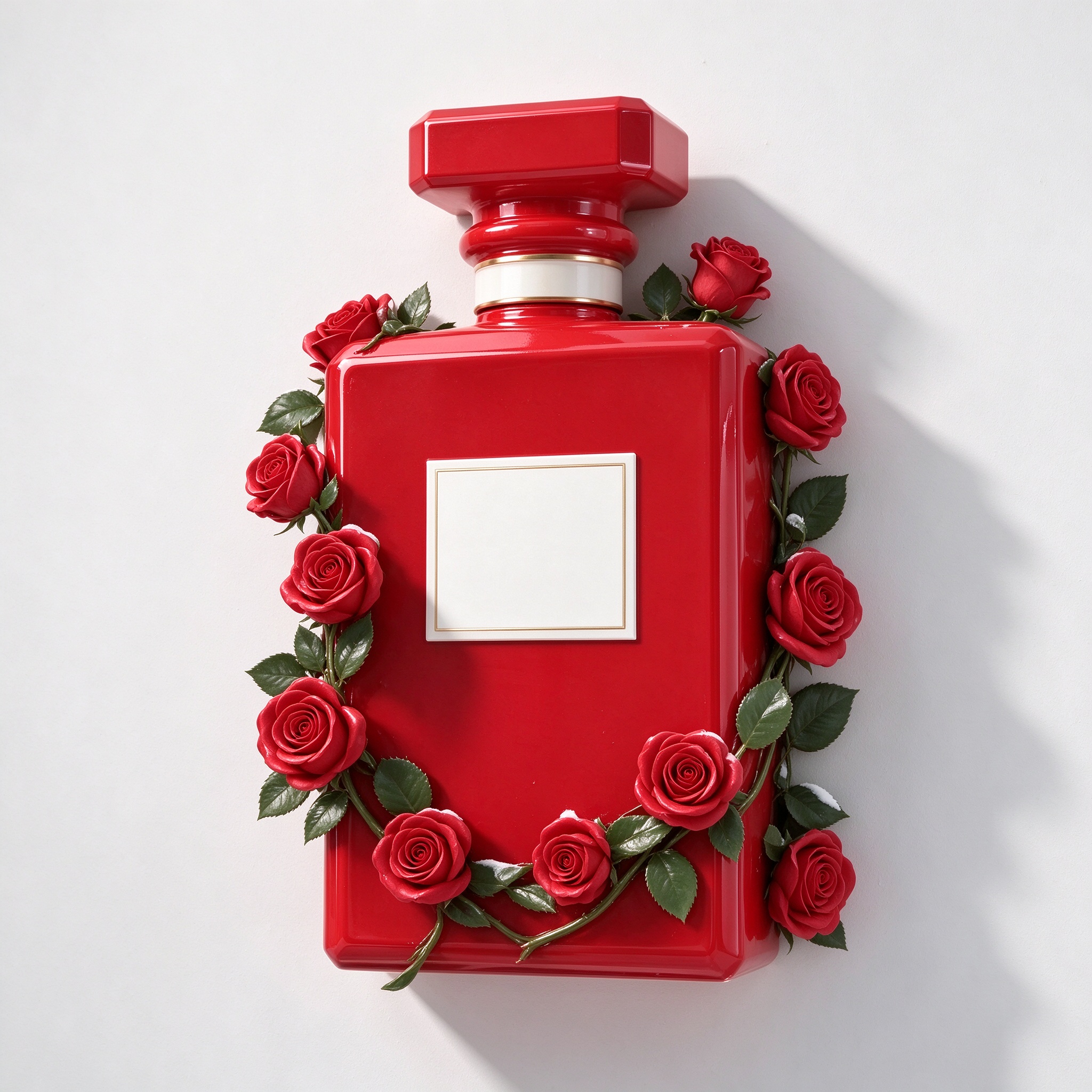 Wall-mounted giant red perfume bottle sculpture with red roses front view