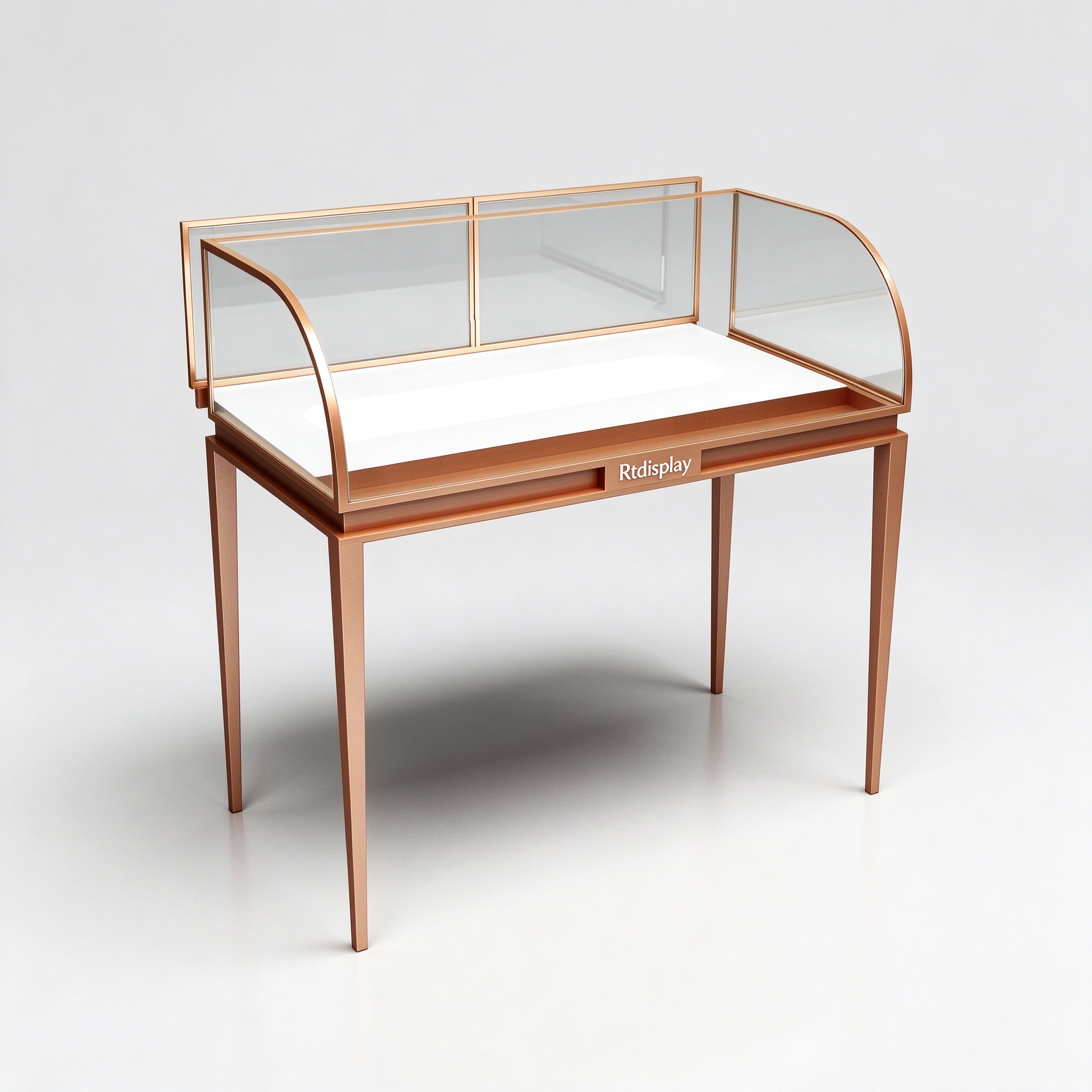 Rose gold curved glass display case left 45 degree view