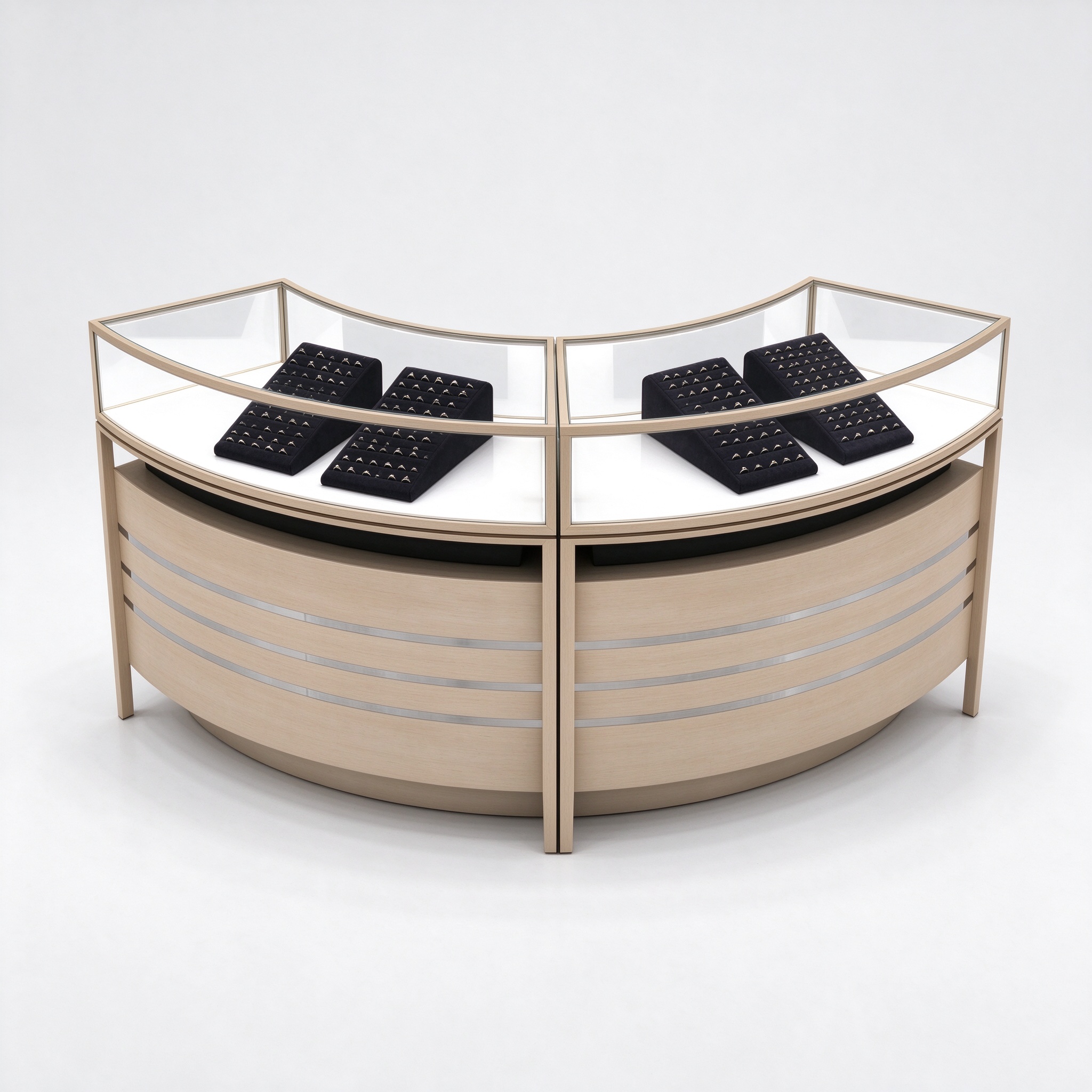 Curved arc glass display case left 45 degree view