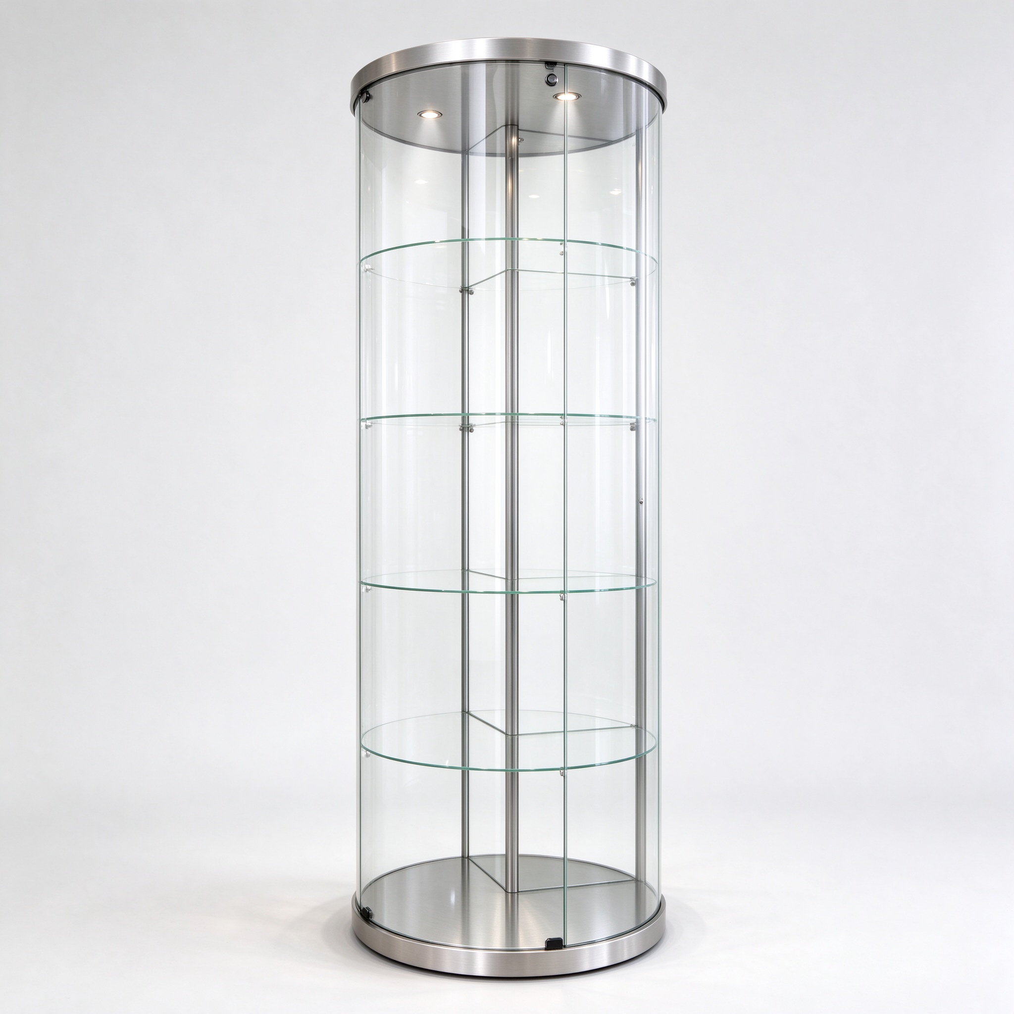 Round glass display tower brushed stainless steel left 45 degree view