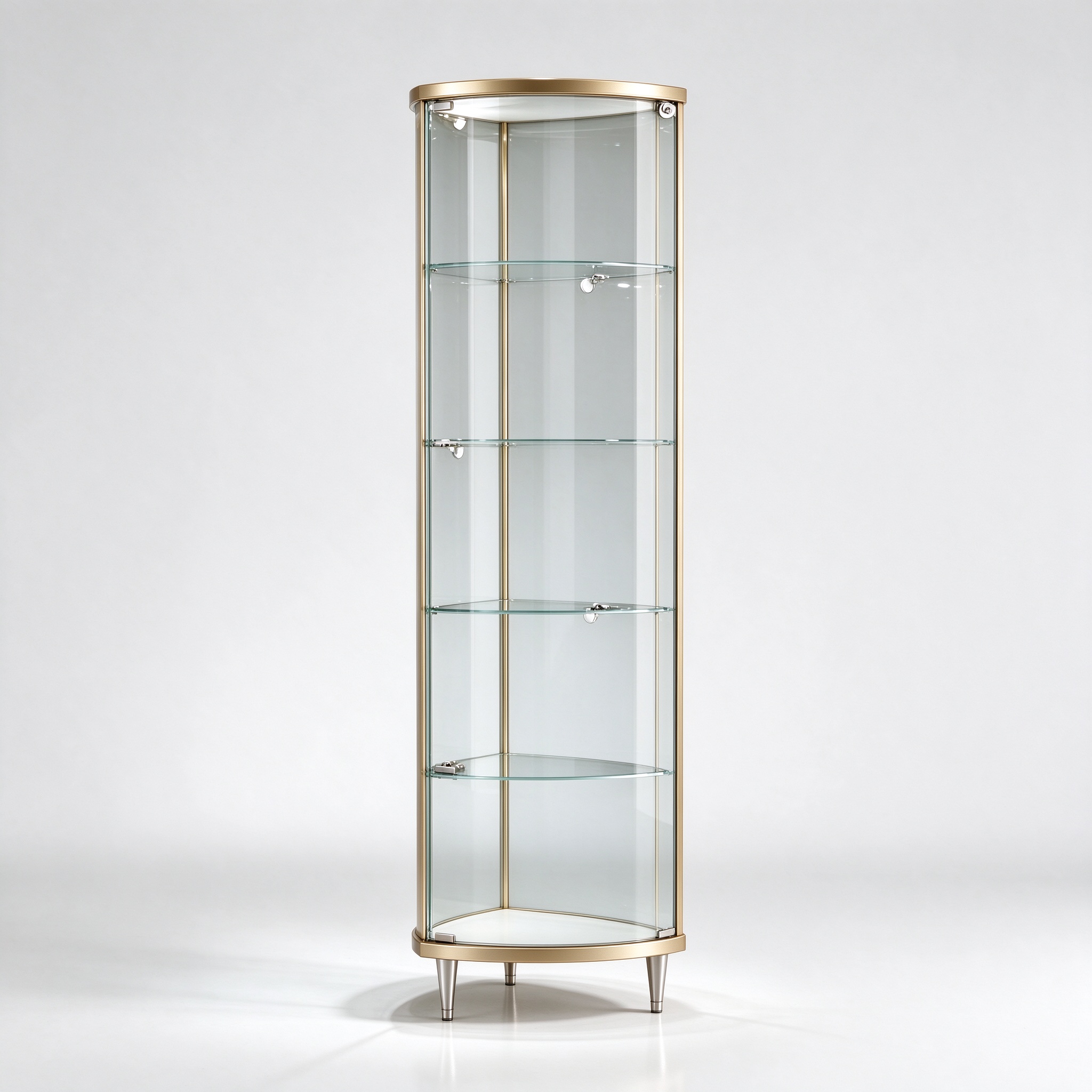 Champagne gold corner curved glass display cabinet left 45 view