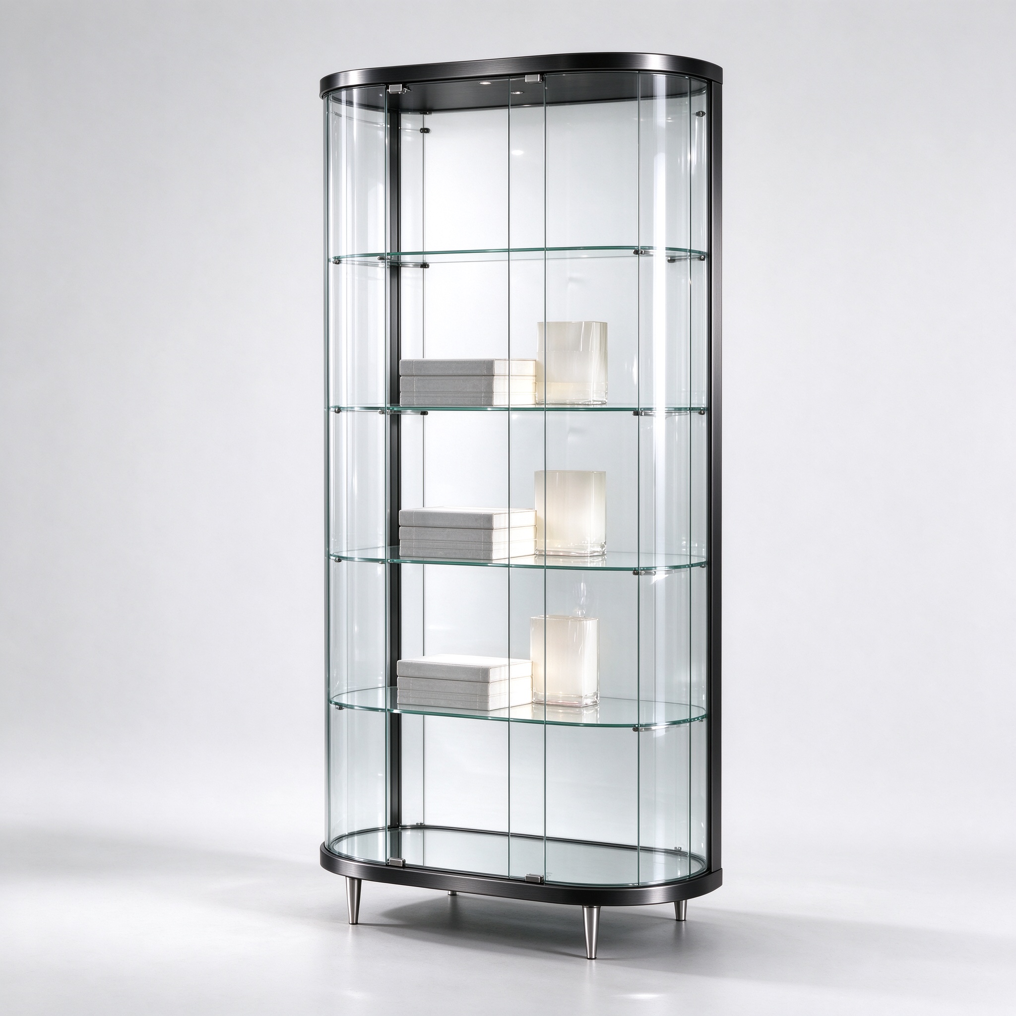 Black titanium oval glass display cabinet left 45 view