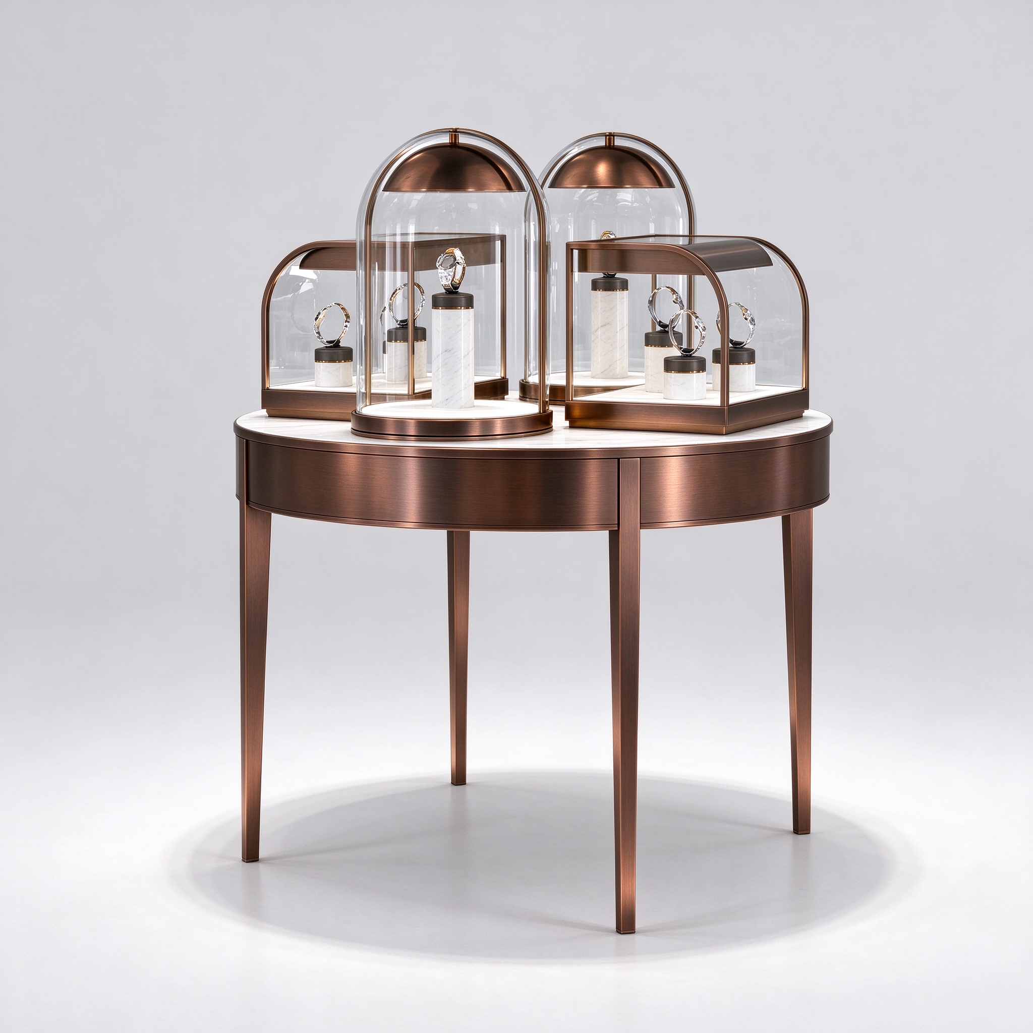 Round glass dome jewelry display table brushed bronze left 45 view