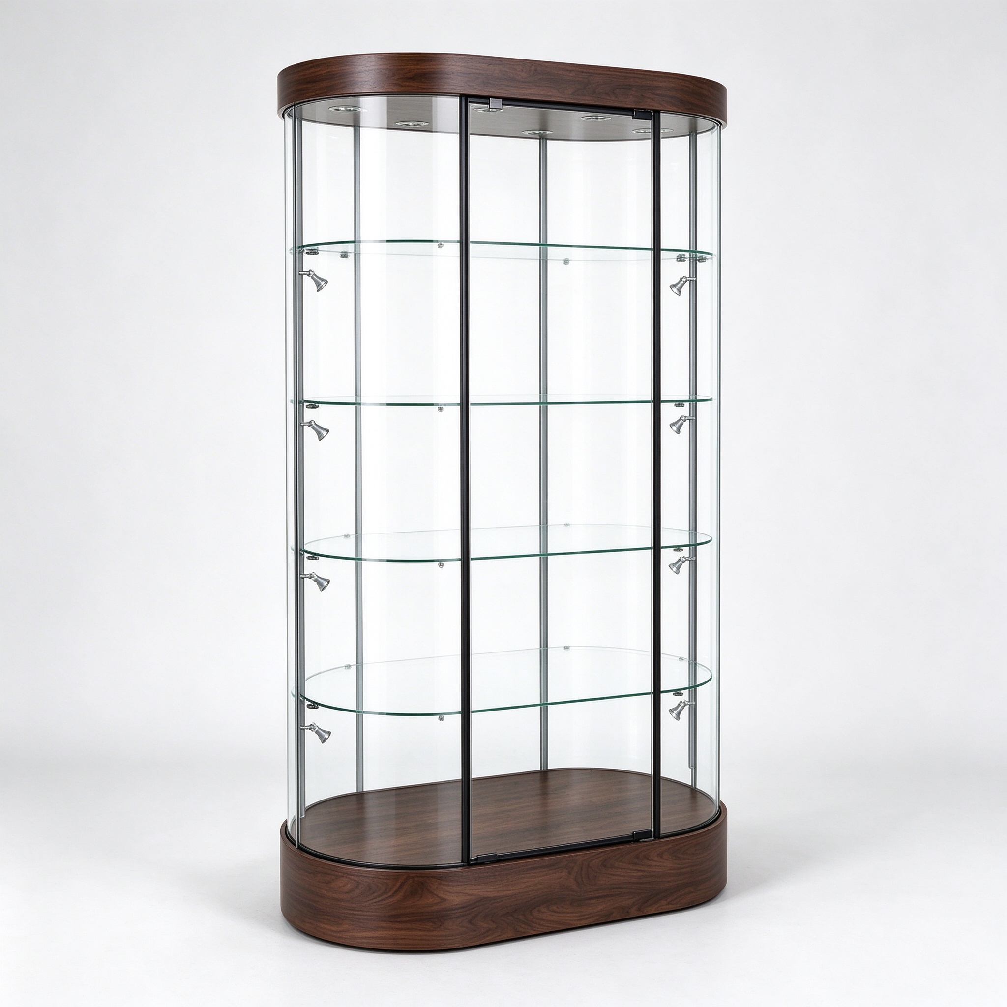 Dark walnut oval glass display tower left 45 view