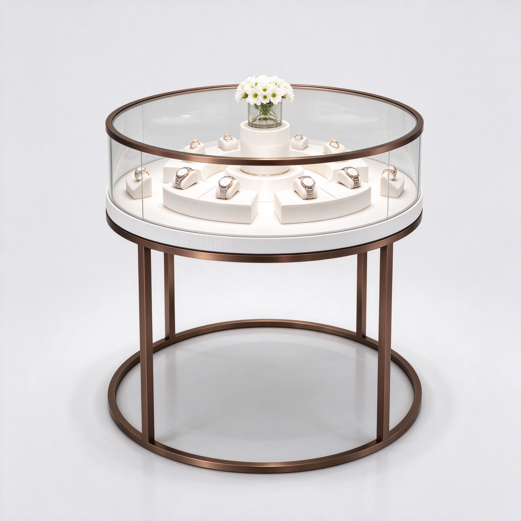 Round glass jewelry display table tea bronze left 45 view