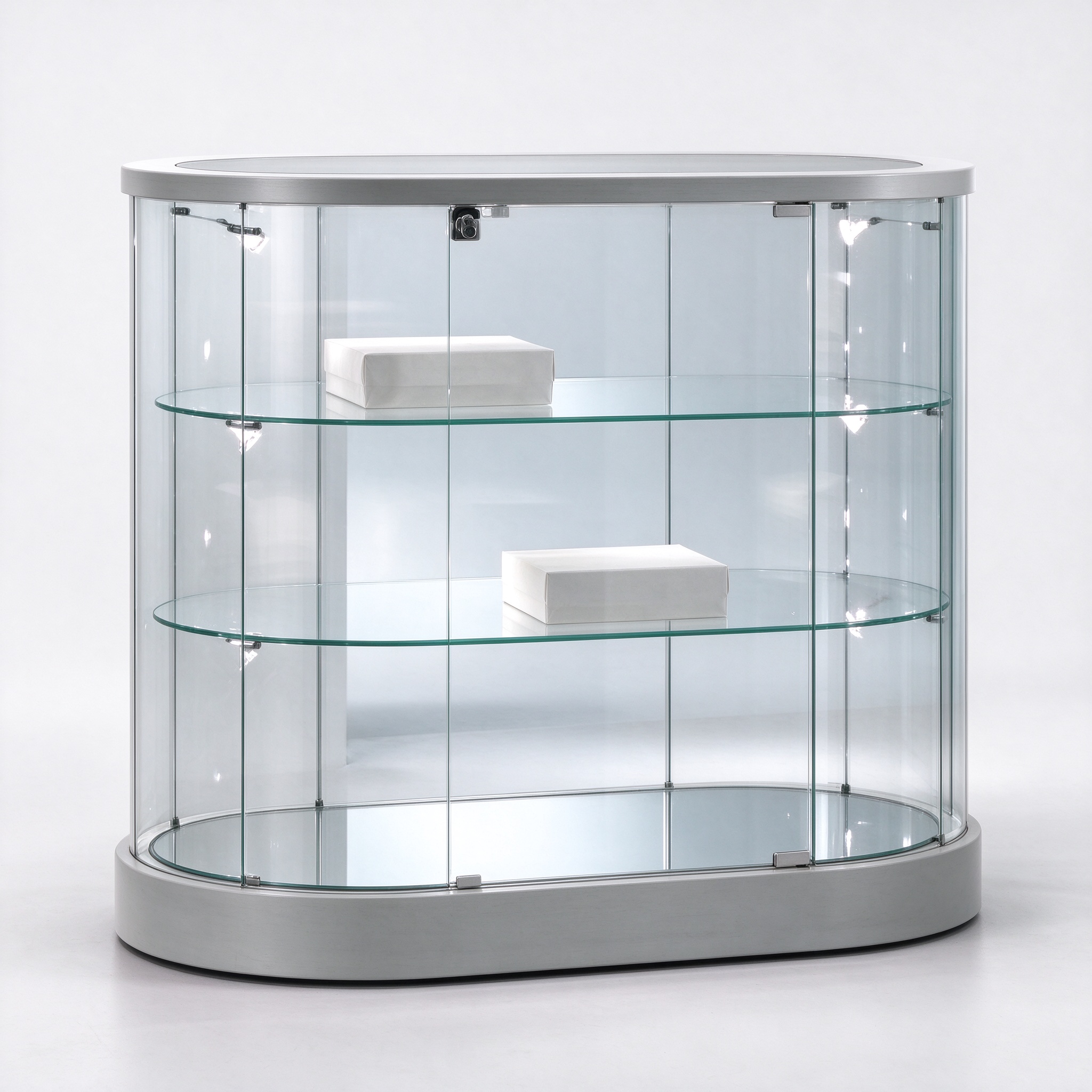 Light gray curved glass display cabinet left 45 view