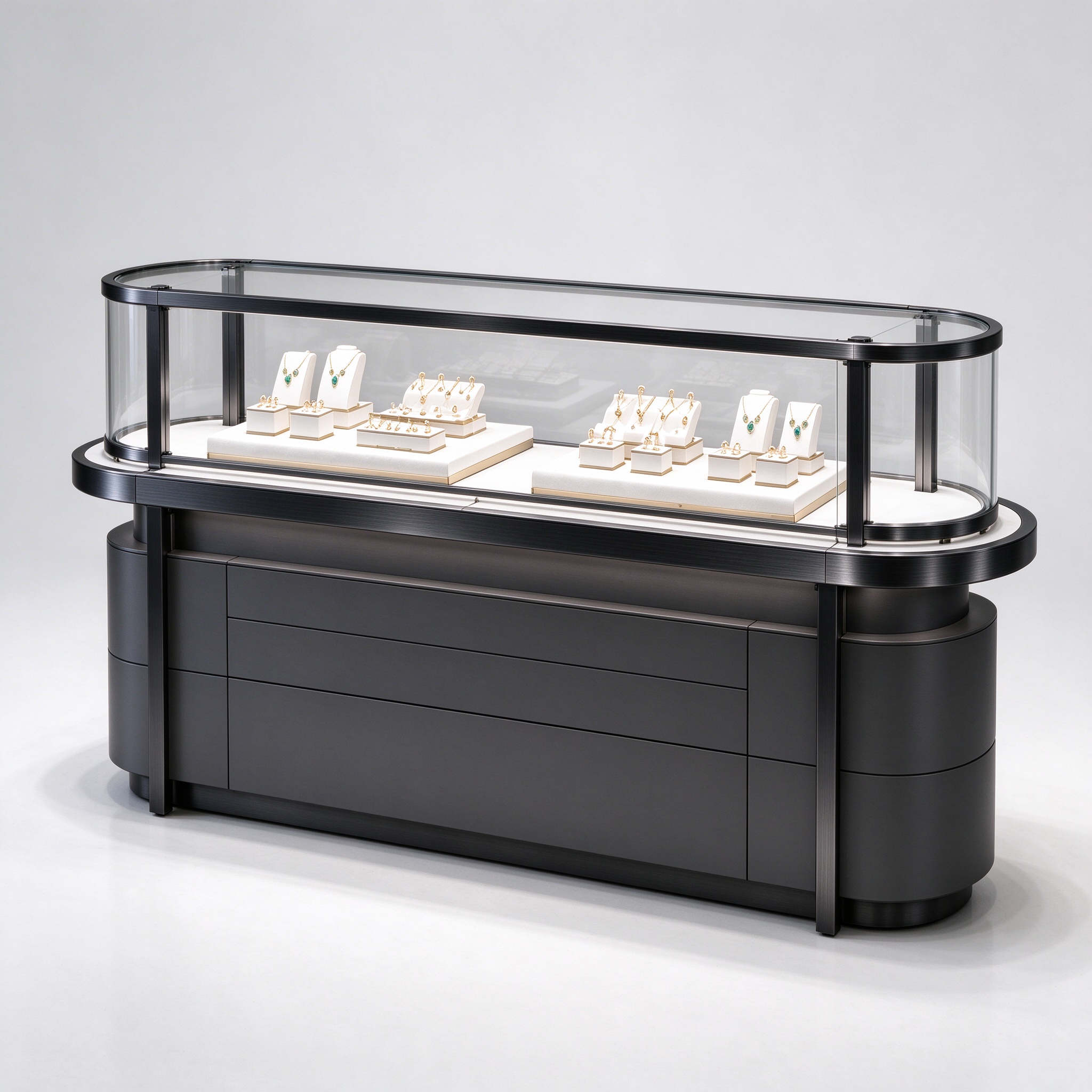 Dark gray curved jewelry display counter black titanium left 45 view