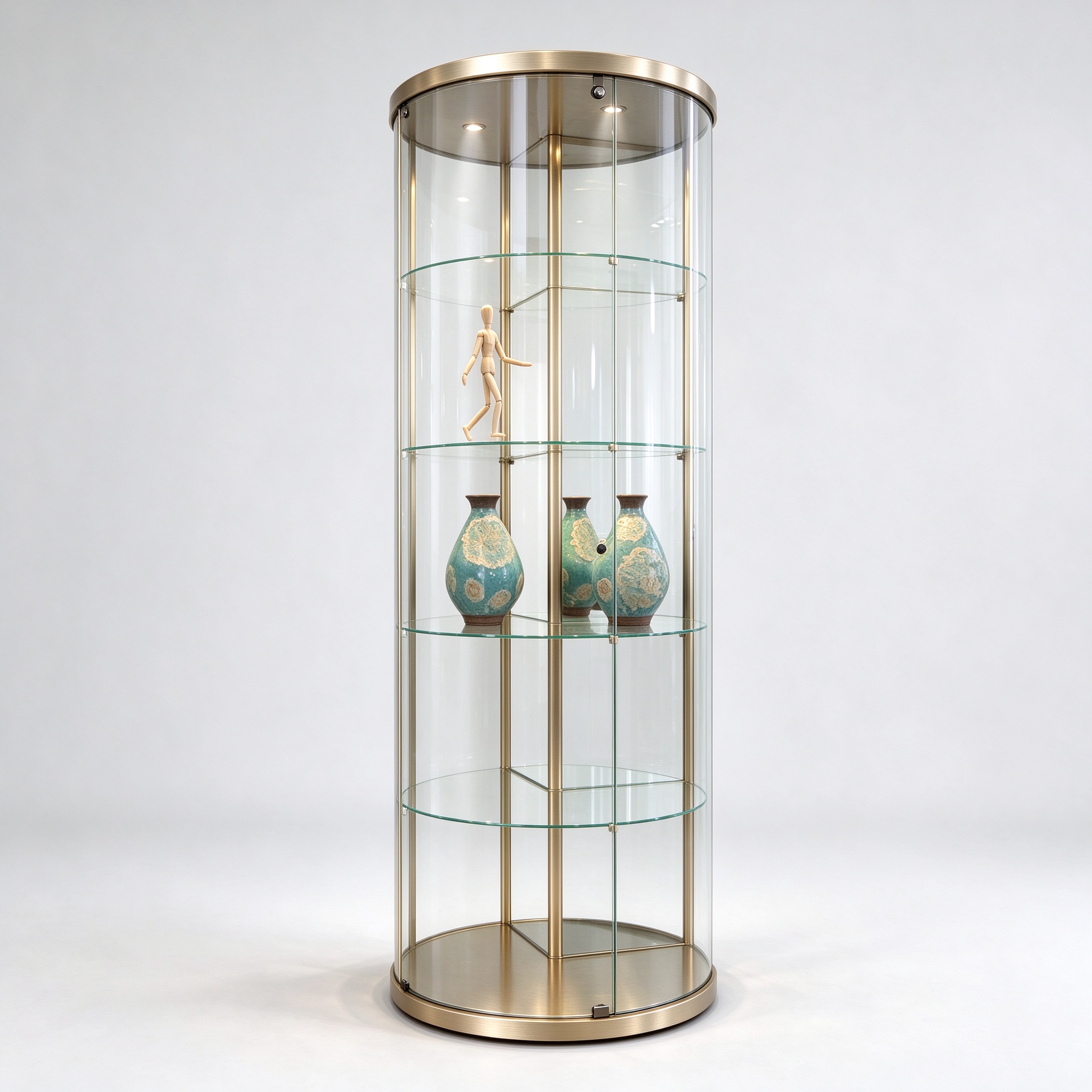 Champagne gold cylindrical round glass display tower left 45 view