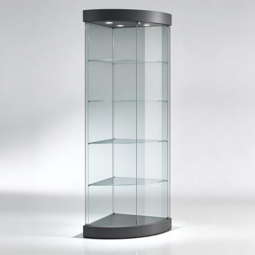 Dark gray curved corner glass display cabinet left 45 view