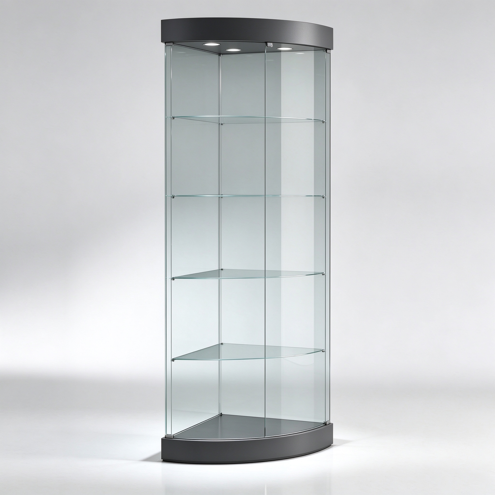 Dark gray curved corner glass display cabinet left 45 view