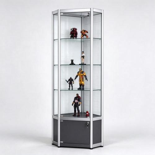 Triangular corner glass display cabinet silver aluminum left 45 view