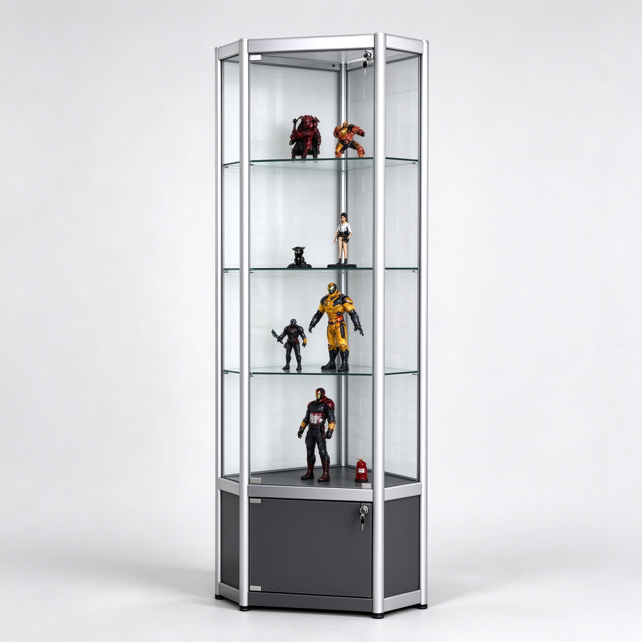 Triangular corner glass display cabinet silver aluminum left 45 view