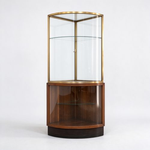 Art Deco curved corner display cabinet walnut brass left 45 view