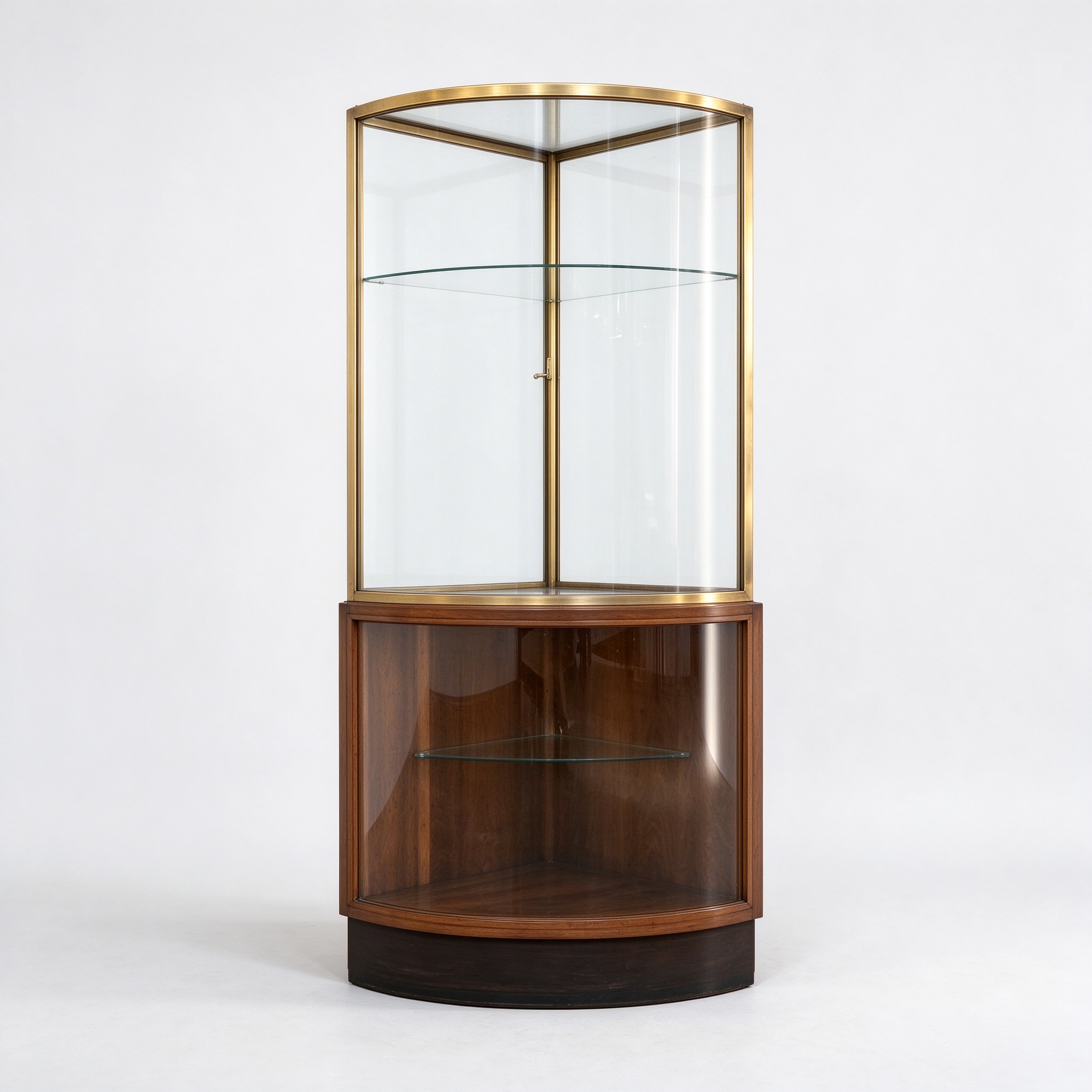 Art Deco curved corner display cabinet walnut brass left 45 view