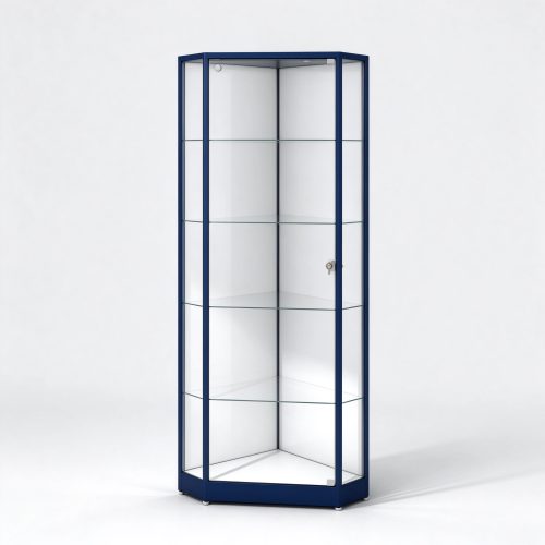 Navy blue triangular corner glass display cabinet left 45 view
