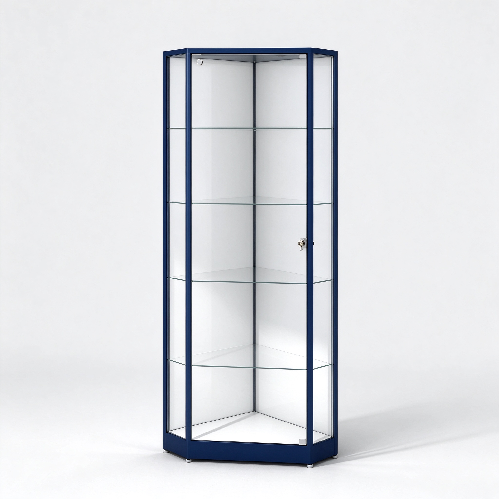 Navy blue triangular corner glass display cabinet left 45 view