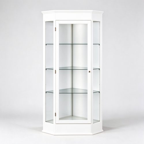 White triangular corner glass display cabinet left 45 view