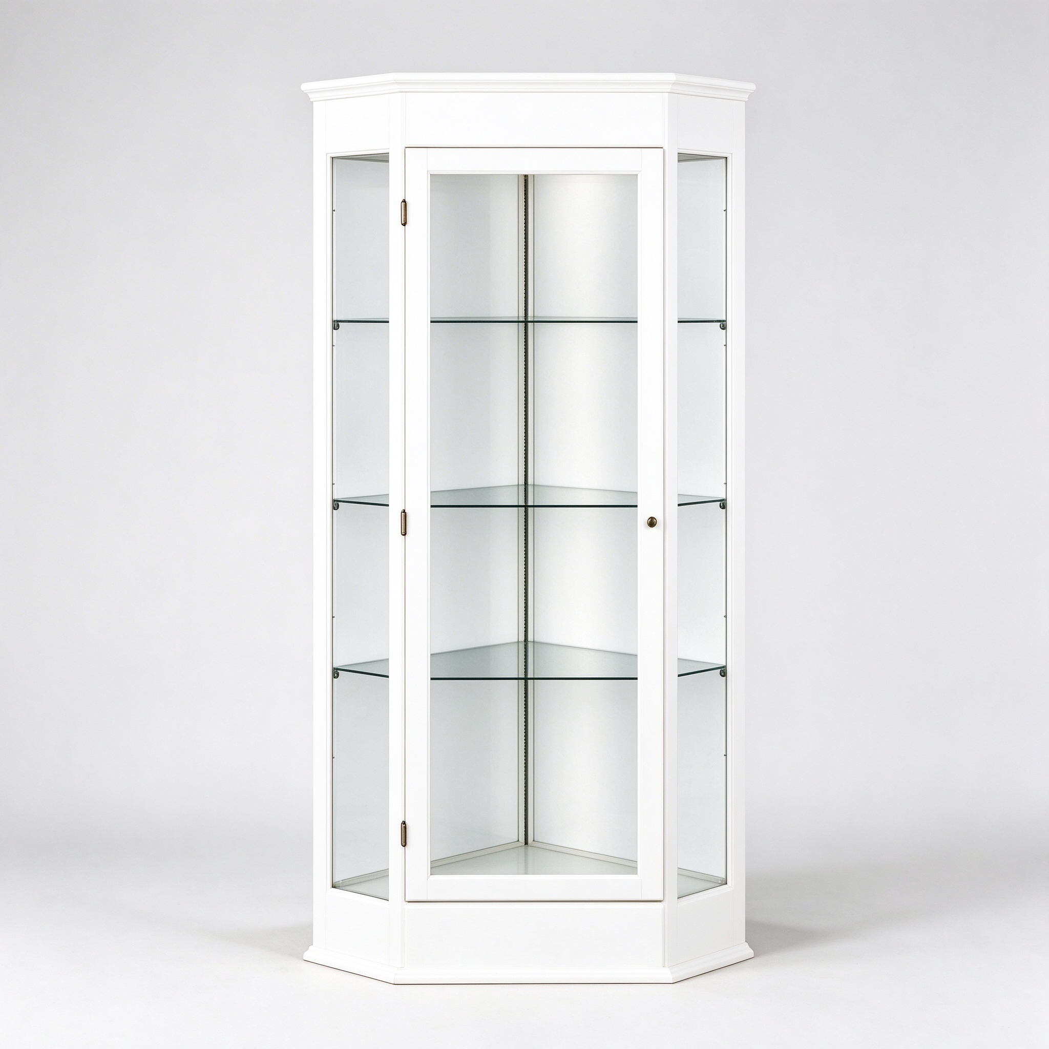 White triangular corner glass display cabinet left 45 view