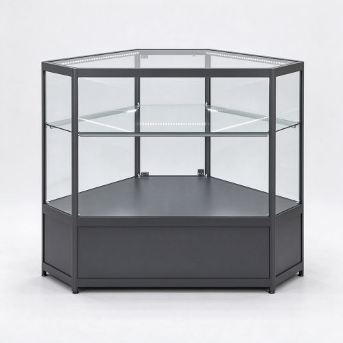 Dark gray low corner glass display counter left 45 view