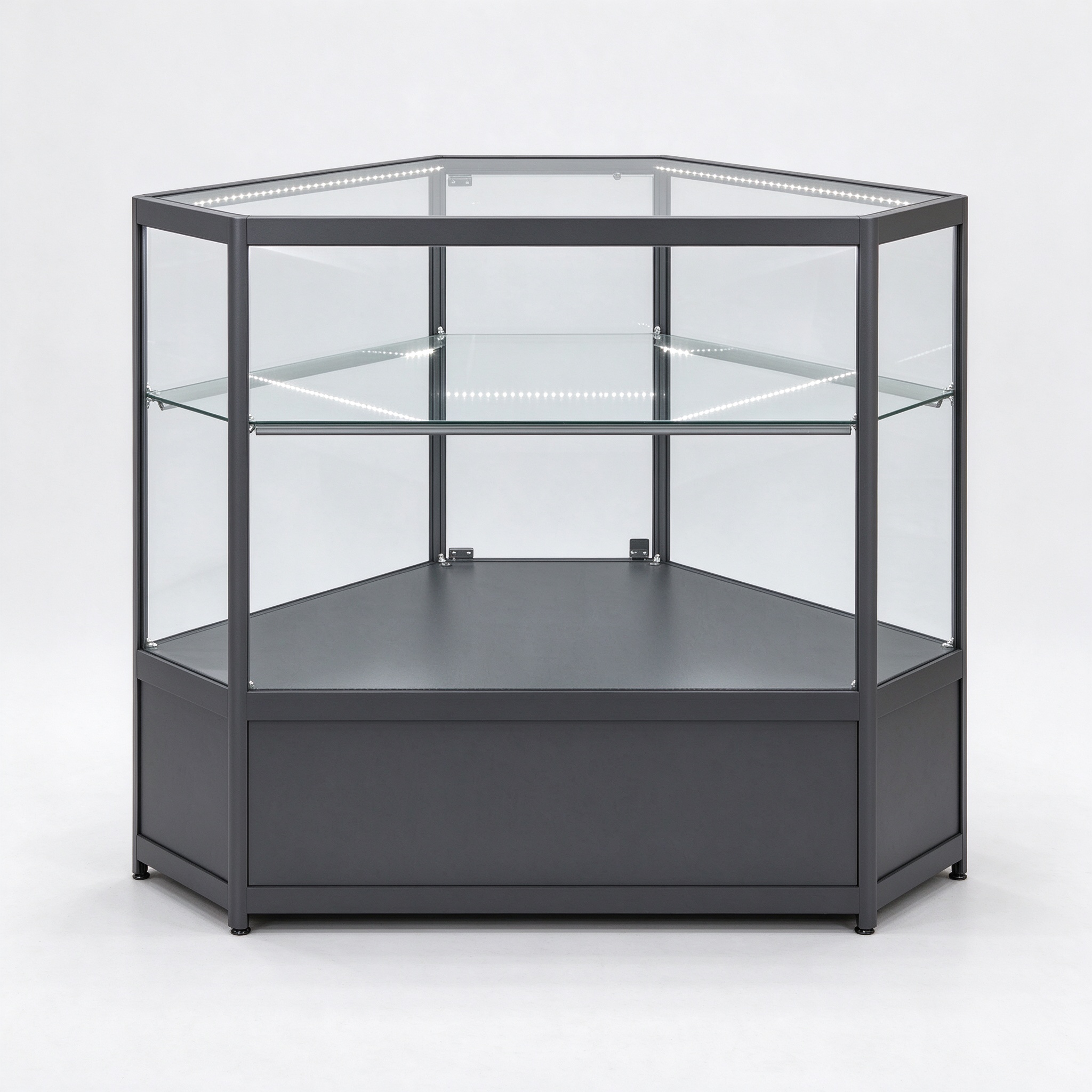 Dark gray low corner glass display counter left 45 view