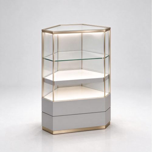 Hexagonal corner jewelry display showcase light gray left 45 view