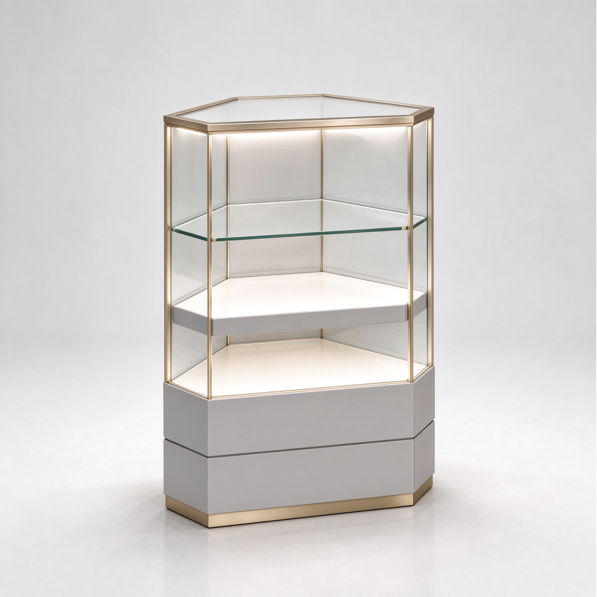 Hexagonal corner jewelry display showcase light gray left 45 view