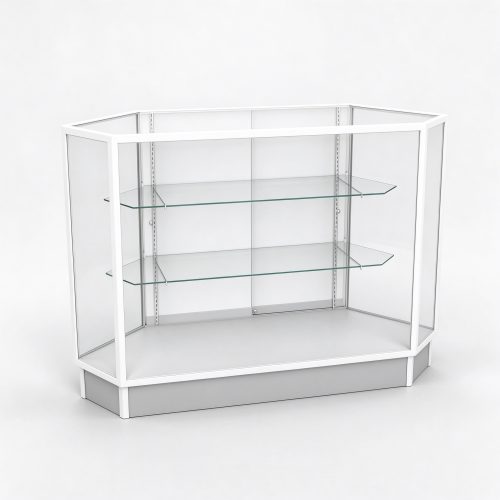 White hexagonal corner glass display counter left 45 view