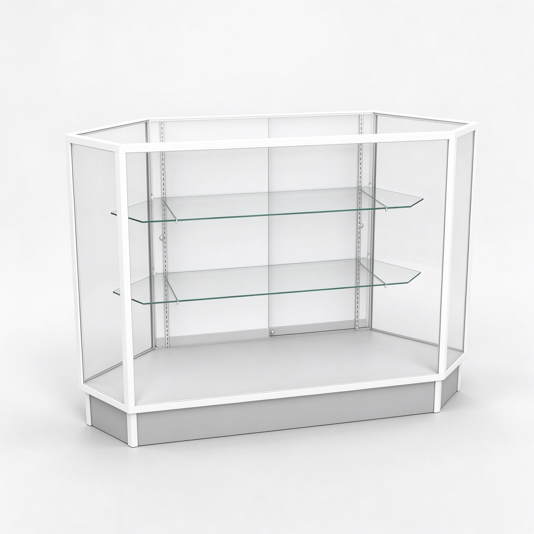 White hexagonal corner glass display counter left 45 view