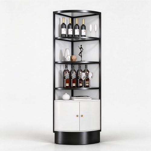 Black titanium curved corner display cabinet left 45 view