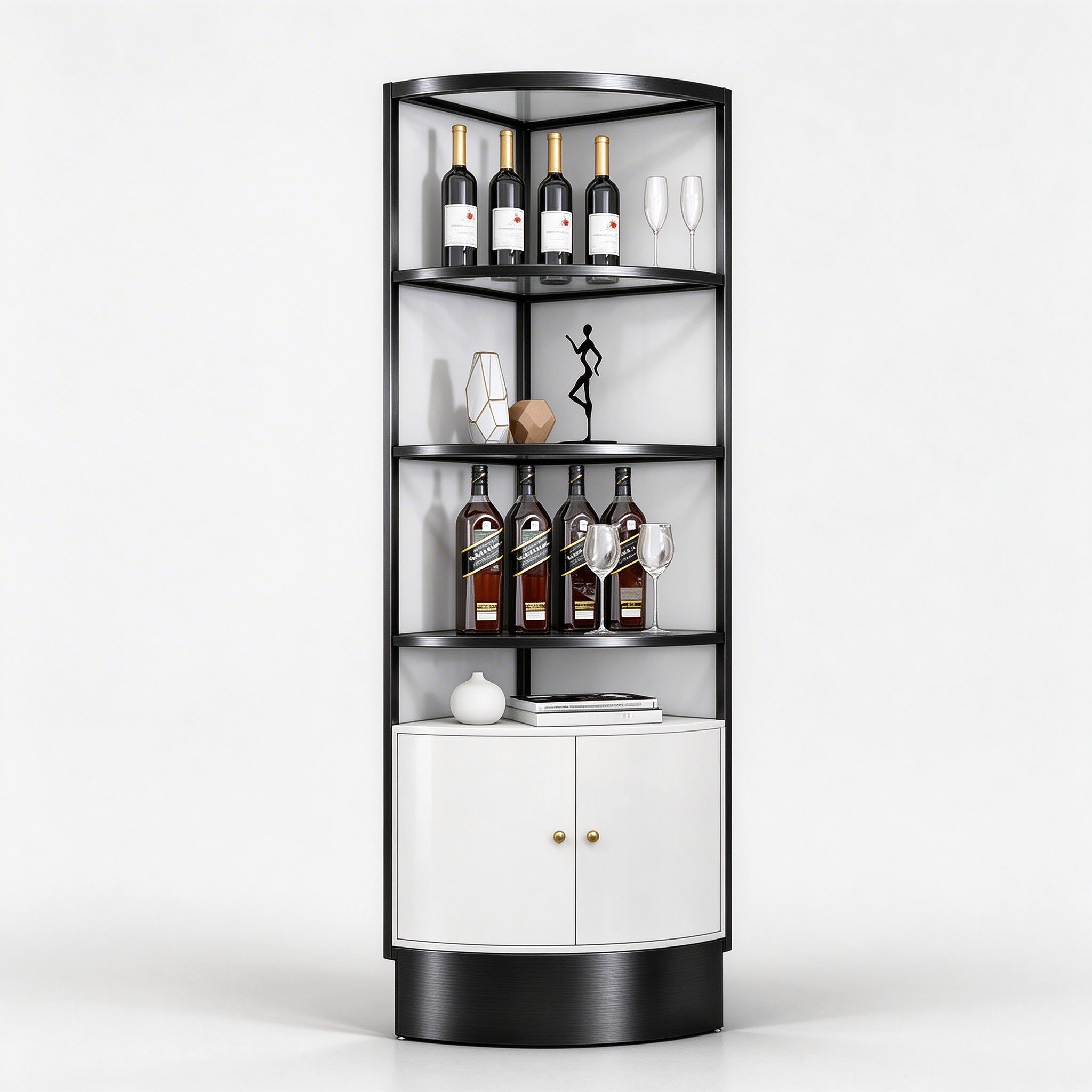 Black titanium curved corner display cabinet left 45 view