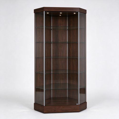 Dark walnut hexagonal corner glass display cabinet left 45 view