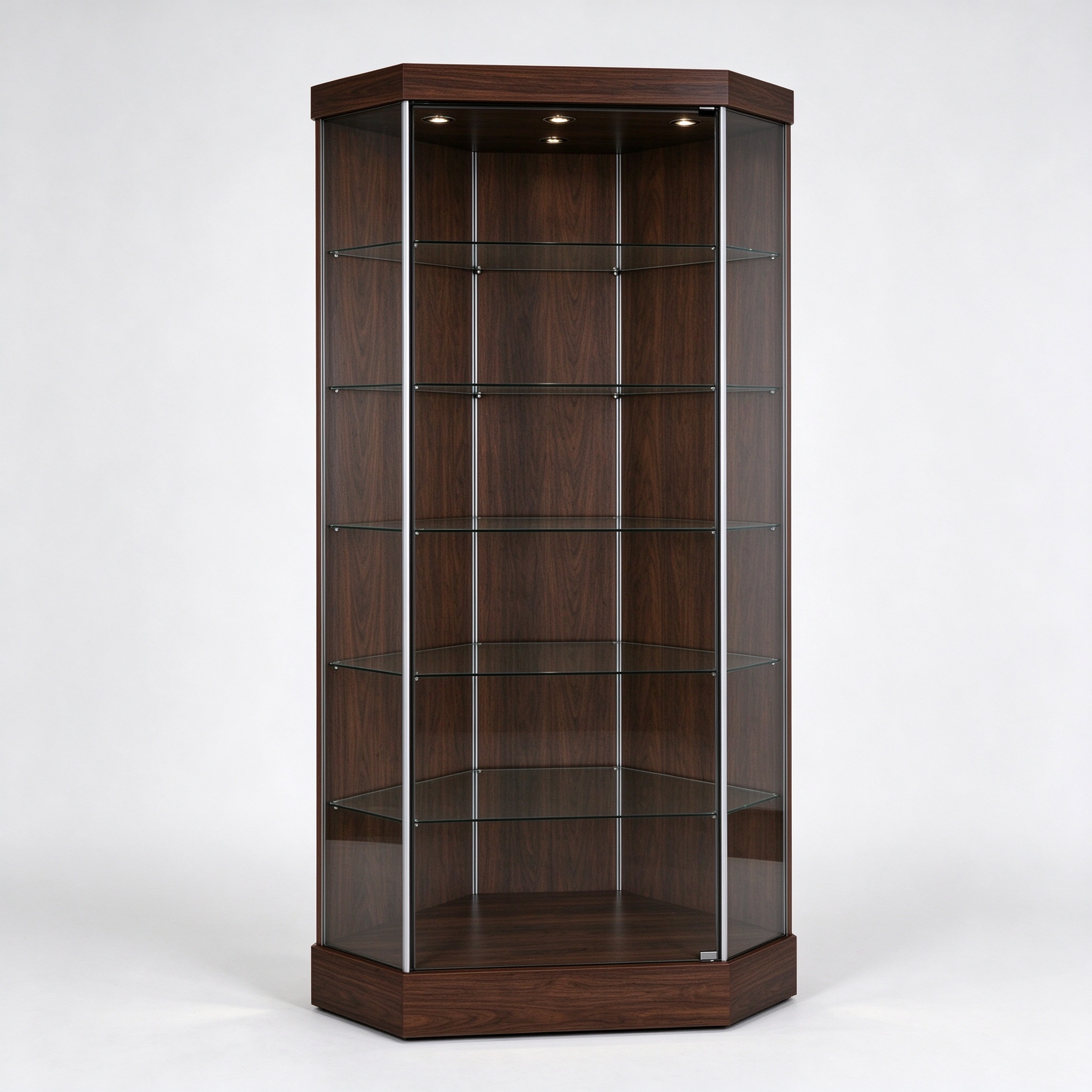 Dark walnut hexagonal corner glass display cabinet left 45 view
