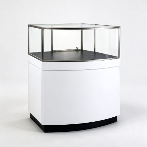 White curved corner glass display counter left 45 view