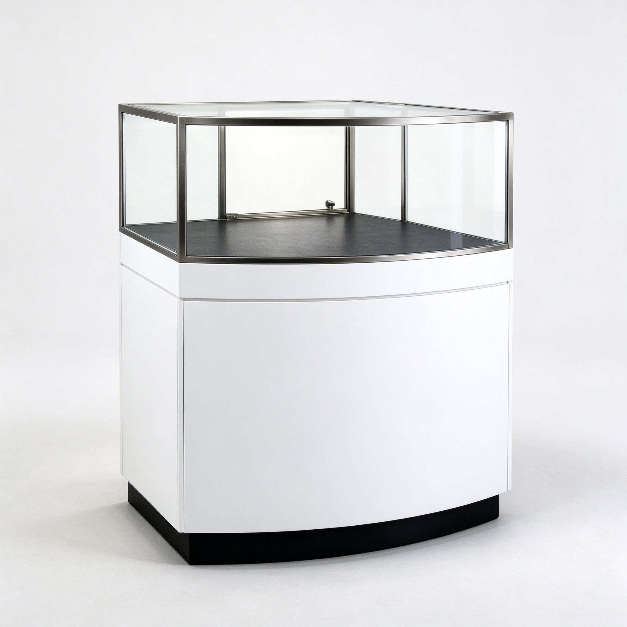 White curved corner glass display counter left 45 view