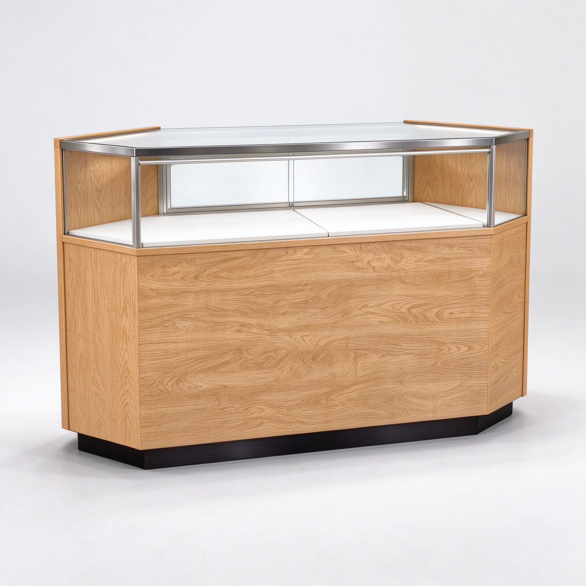 Light oak hexagonal corner display counter left 45 view