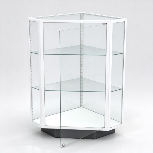 White triangular corner glass display cabinet left 45 view